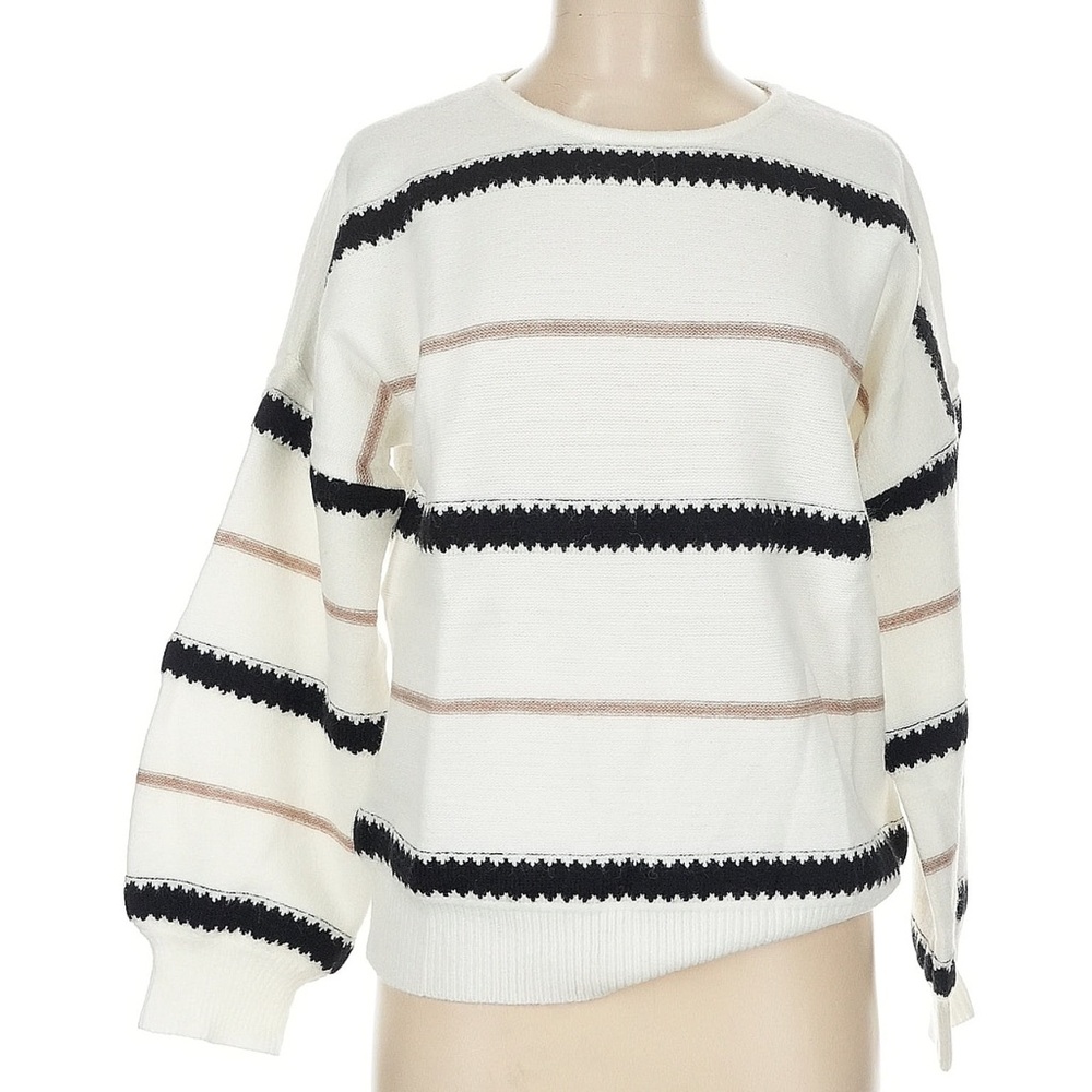 Striped Oversized Knit Sweater Cream Black Cozy Slouchy Pullover M